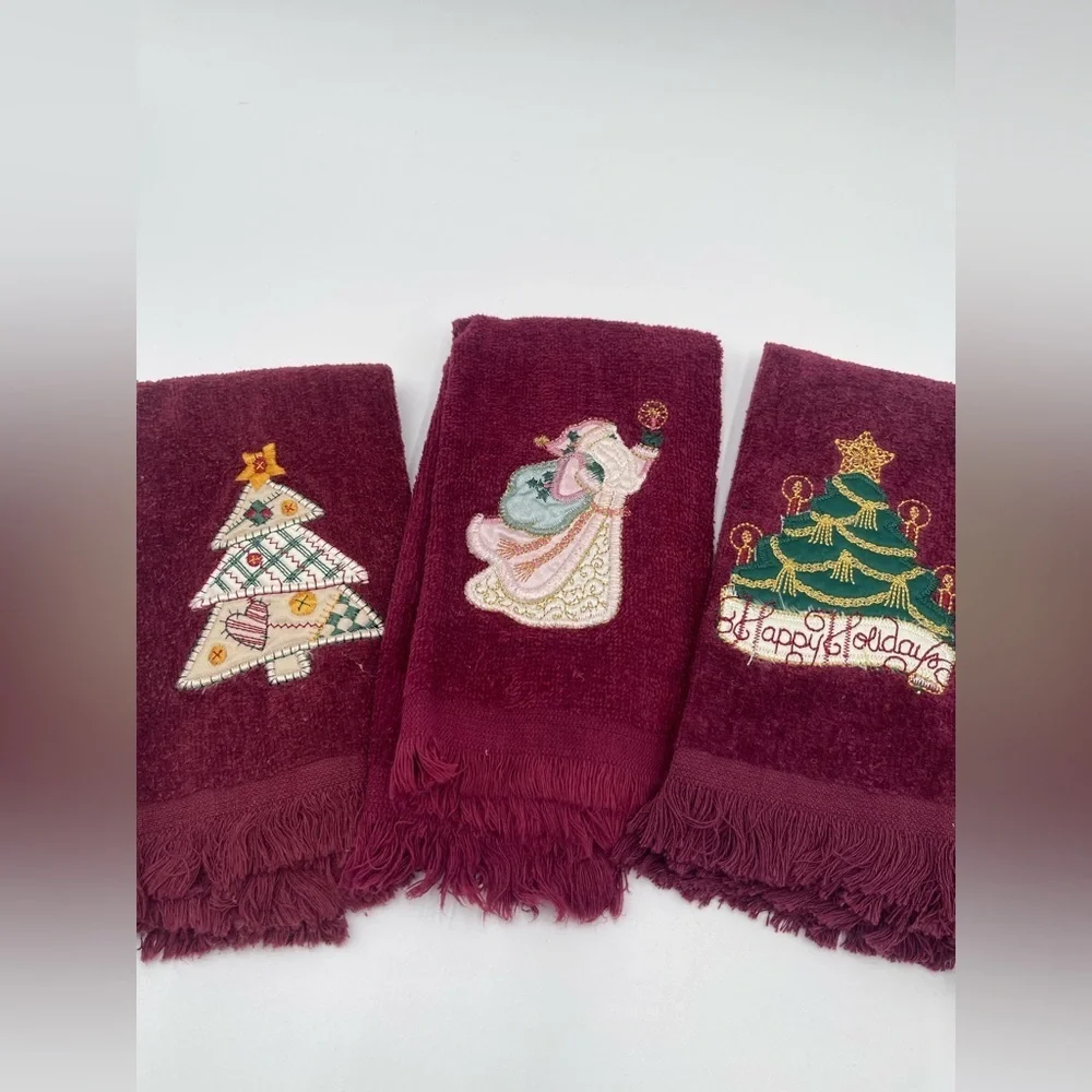 Vtg Christmas Fringe fingertip Hand towels x5 Burgundy Maroon Santa Made in USA